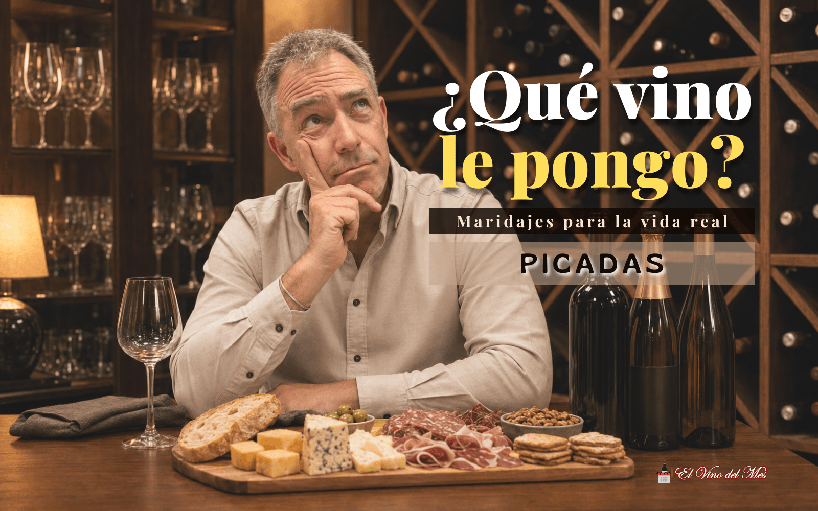 Esteban sentado con una picada y distintos vinos para responder qué vino le pongo a una picada